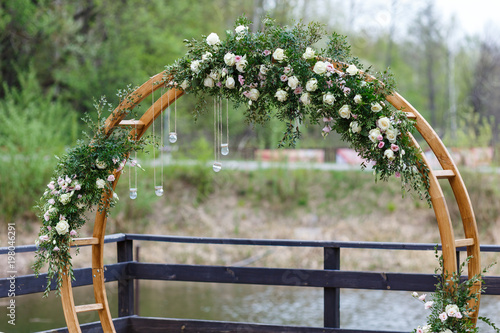 Area Of The Wedding Ceremony In Forest Near River On The Pier