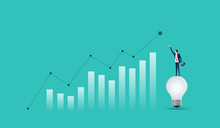 Flat Businessman Standing On Light Bulb With  Business  Finance  Graph Concept
