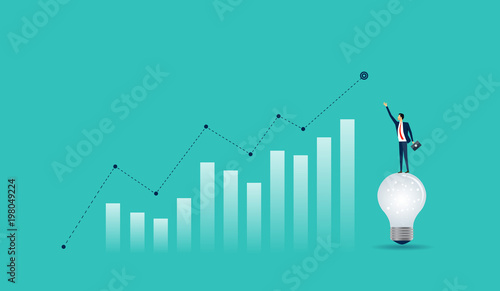 Cuadros en Lienzo flat businessman standing on light bulb with business finance graph concept