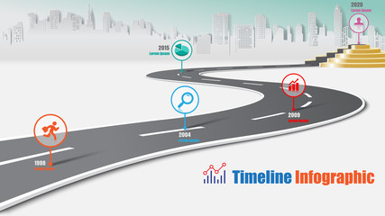 Wall Mural - Business road map timeline infographic city milestone pathway to podium designed for modern diagram process technology digital marketing data presentation chart. Vector illustration