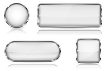 White Glass Buttons With Chrome Frame. Set Of Blank Shiny 3d Web Icons