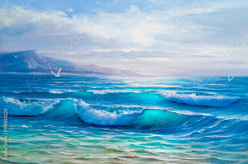 Naklejka na meble Oil painting of the sea on canvas.