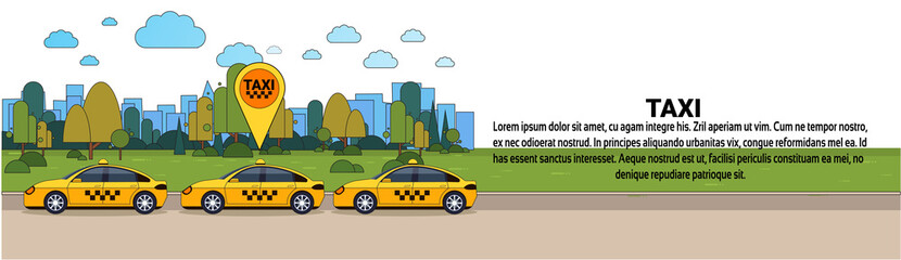 Wall Mural - Modern Taxi Car With Gps Location Sign Online Cab Order Service Concept Horizontal Banner Flat Vector Illustration