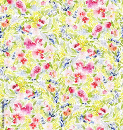 Seamless summer pattern with watercolor flowers handmade.