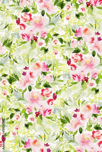 Seamless summer pattern with watercolor flowers handmade.