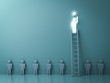 Stand out from the crowd and different concept , One glowing light man on the  ladder got an idea bulb among other no idea people on dark green background with shadow and reflections . 3D rendering.