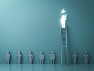 Fototapete - Stand out from the crowd and different concept , One glowing light man on the  ladder got an idea bulb among other no idea people on dark green background with shadow and reflections . 3D rendering.