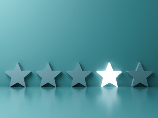 Fototapete - Stand out from the crowd and different creative idea concepts , One glowing star standing among other dim stars on green pastel color background with reflections and shadows . 3D rendering.