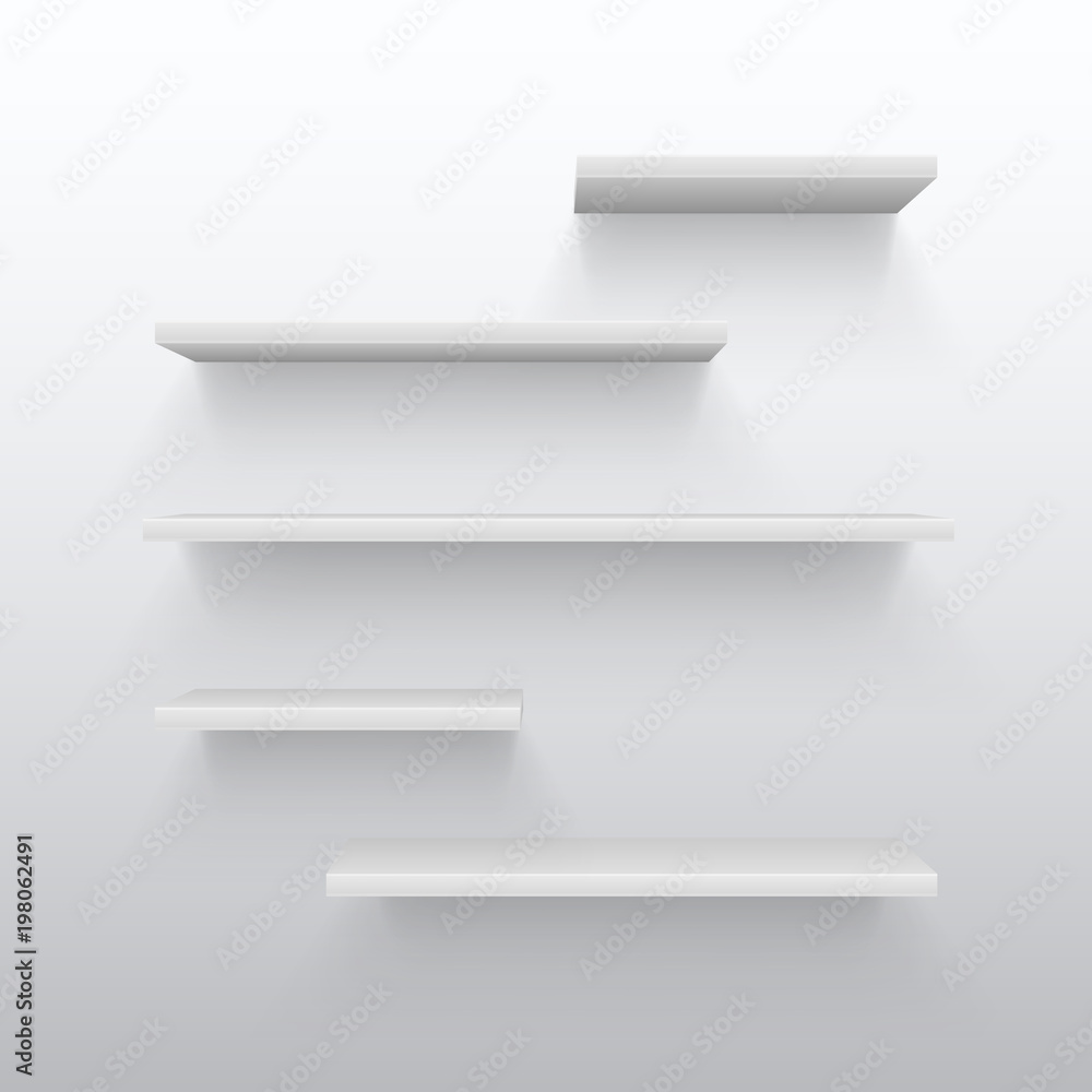 Empty white trading 3d shelves with shadow on wall. Blank bookshelf for ...