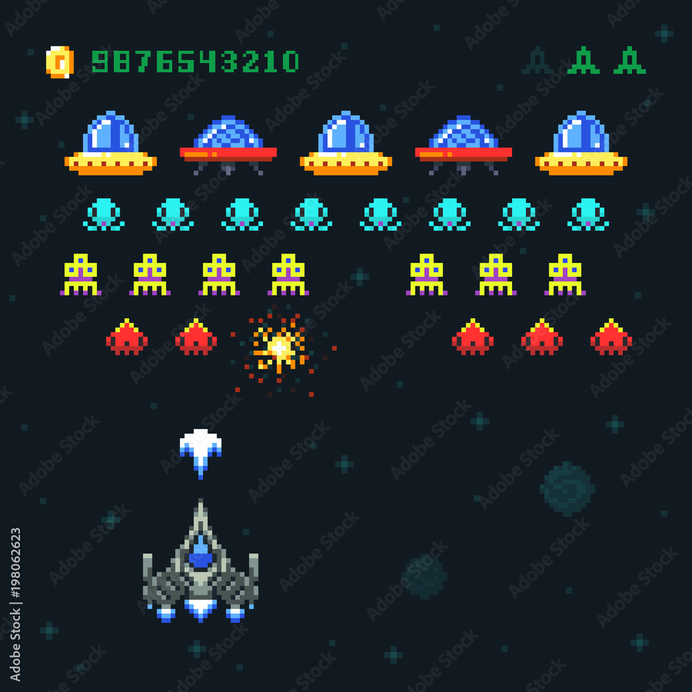 Vintage video space arcade game vector pixel design with spaceship ...