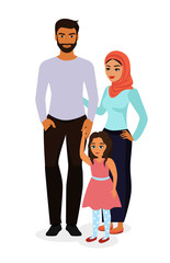 Wall Mural - Vector illustration of happy and beautiful Arab family. Mother in hijab, father and daughter in flat cartoon style.