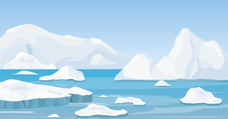 vector illustration of cartoon nature winter arctic landscape with iceberg, blue pure water and snow