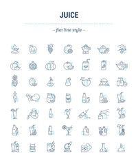  Vector graphic set. Icons in flat, contour, thin, minimal and linear design. Illustration of juice. Glass, bottle and package. Natural, product. Simple isolated concept sign and symbol for Web site.