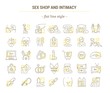 Vector graphic set. Editable outline stroke size. Icons in flat, contour, thin and linear design. Sex shop, intimacy. Simple isolated icons. Concept illustration for Web site. Sign, symbol, element.