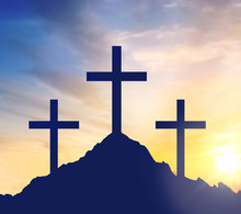 Crucifixion, Religion And Christianity Concept - Silhouettes Of Three Crosses On Calvary Hill Over Sky Background