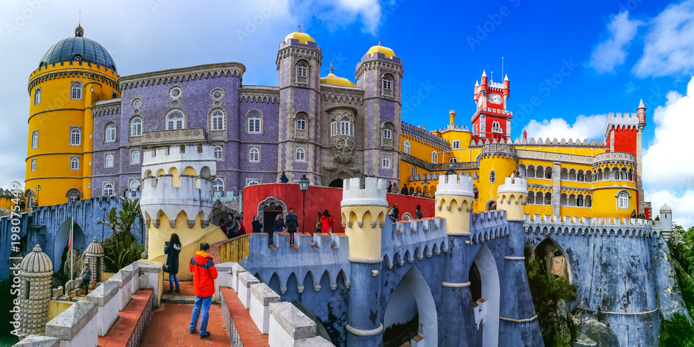 Panoramic view of the historical Pena Palace of Sintra in Lisbon, Portugal - obrazy, fototapety, plakaty 