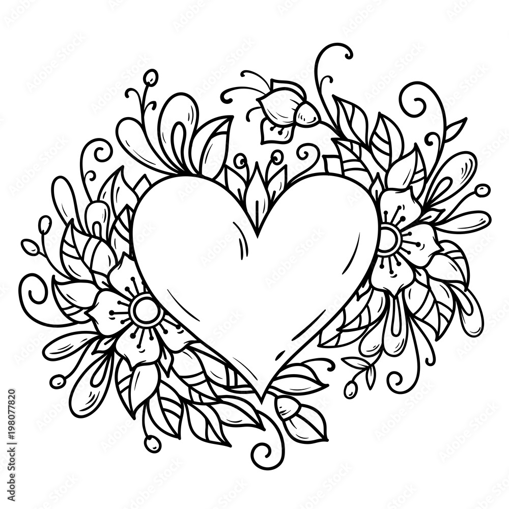 Romantic heart decorated flowers, buds, leaves. Heart decorated floral  composition. Black and white illustration Stock Vector | Adobe Stock, image size:1000x1000