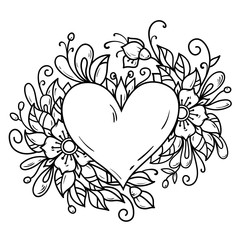 Wall Mural - Romantic heart decorated flowers, buds, leaves. Heart decorated floral composition. Black and white illustration