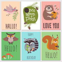 Sticker - Once upon forest cards collection. Cute animals kids cards