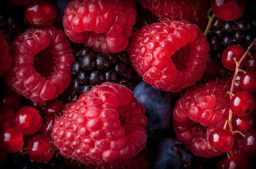 Wall Mural - Berries assorted closeup colorful mix in studio on dark background. Strawberries, blueberries, red currant and blackberries.