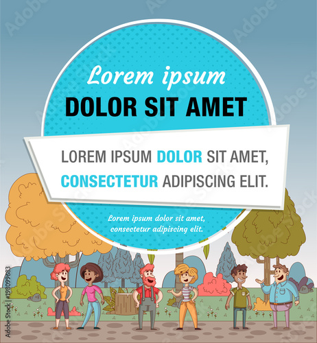 Text box frame background with cartoon people on a beautiful park. Nature lan...