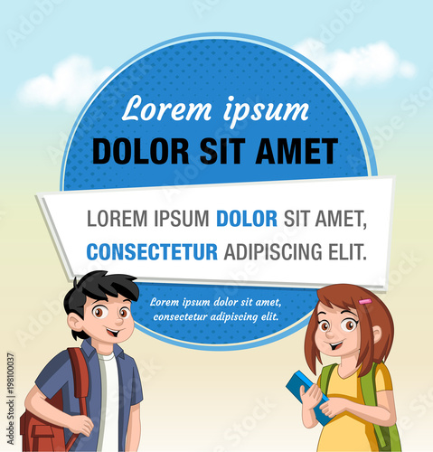 Text box frame background with cartoon young people. Teenagers.