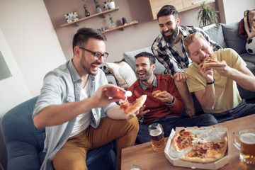 Poster - Male friends having pizza party at home