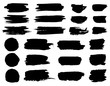 Vector black paint brush spots, highlighter lines or felt-tip pen marker horizontal blobs. Marker pen or brushstrokes and dashes. Ink smudge abstract shape stains and smear set with texture