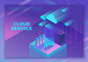 Wall Mural - Cloud service 3d isometric infographic illustration with man, landing page layout, vector web template, smart modern technolodgy concept