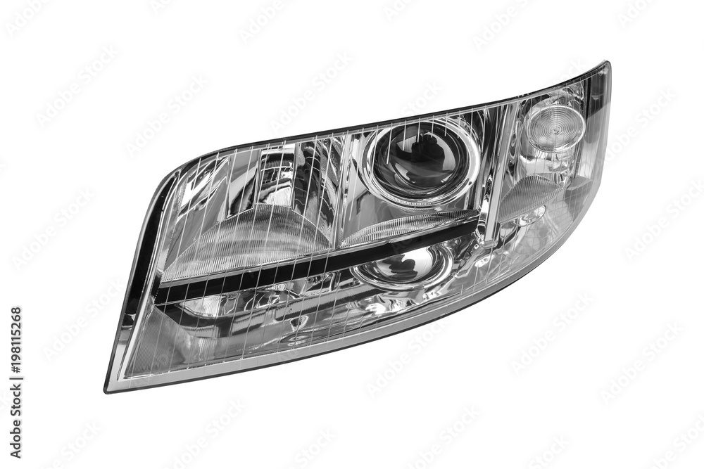 Car headlight isolated on white background. - obrazy, fototapety, plakaty 