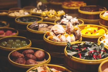 Assortment of different types of asian traditional street food in Shanghai, China