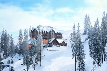 Sticker - Beautiful ski resort on snowy day. Winter vacation