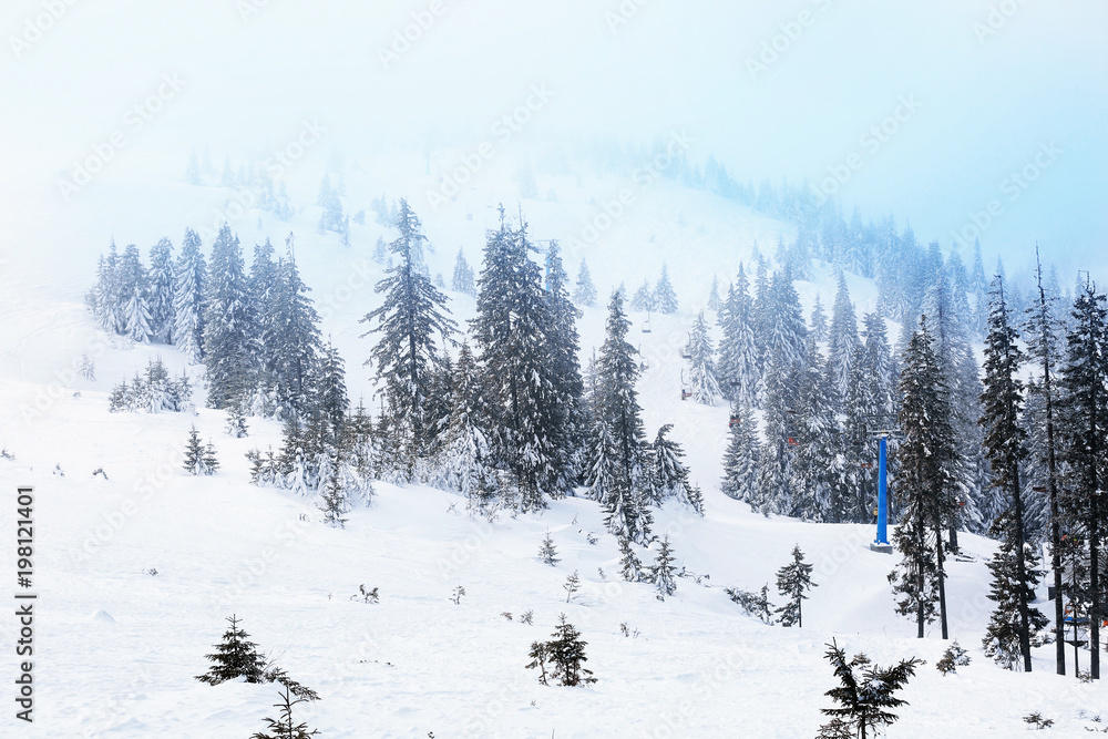 Beautiful ski resort on snowy day. Winter vacation