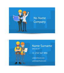 Wall Mural - Building company business card layout with construction workers in uniform and safety helmets. Corporate identity template for professional engineering and construction services vector illustration.