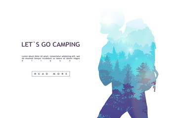 Wall Mural - people camping, adventure and travel concept, beautiful forest, mountain and sky, double exposure, v