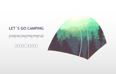 Wall Mural - people camping, adventure and travel concept, beautiful forest, mountain and sky, double exposure, v