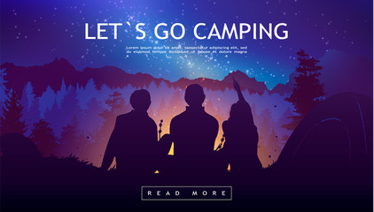 People camping, adventure and travel concept, beautiful forest, mountain and sky, double exposure, vector illustration.