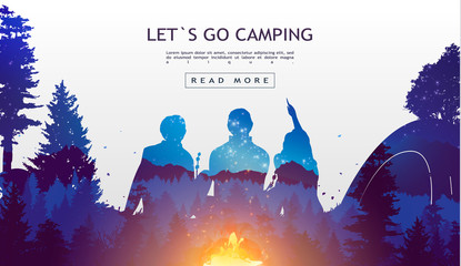 people camping, adventure and travel concept, beautiful forest, mountain and sky, double exposure, v