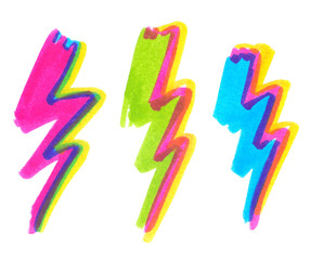 Set of bright abstract zigzag bolts of lightning painted in highlight marker pen on clean white background