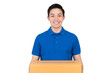 © Atstock Productions - Handsome friendly Asian delivery man  in blue polo shirt carrying parcel box