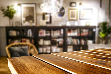 Wall Mural - empty table top with copy space for products against the background of a home library room interior.