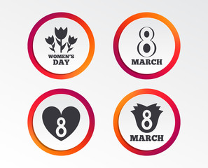 8 March Women's Day icons. Tulips or rose flowers bouquet and heart sign symbols. Infographic design buttons. Circle templates. Vector