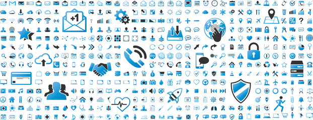 Wall Mural - Black and blue web business technology icons set