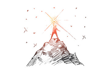 Vector hand drawn business concept sketch. Bisinessman standing at top of hill and touching bright star from the sky.