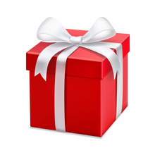 Red Gift Box With White Ribbon And Bow. Vector 3d Illustration