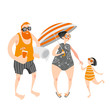 Happy family with little girl on the beach. People in swimsuits and shorts. Vector illustration on white background