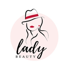 Wall Mural - vector artistic logo with hand drawn lady in hat portrait isolated on white background. outline draw