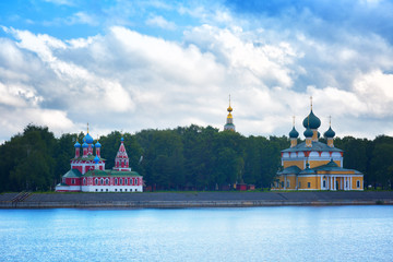 View from the Volga River to the Church of St. Dmitry on the Blood and Spaso-Preobrazhensky Cathedral in Uglich, Russia