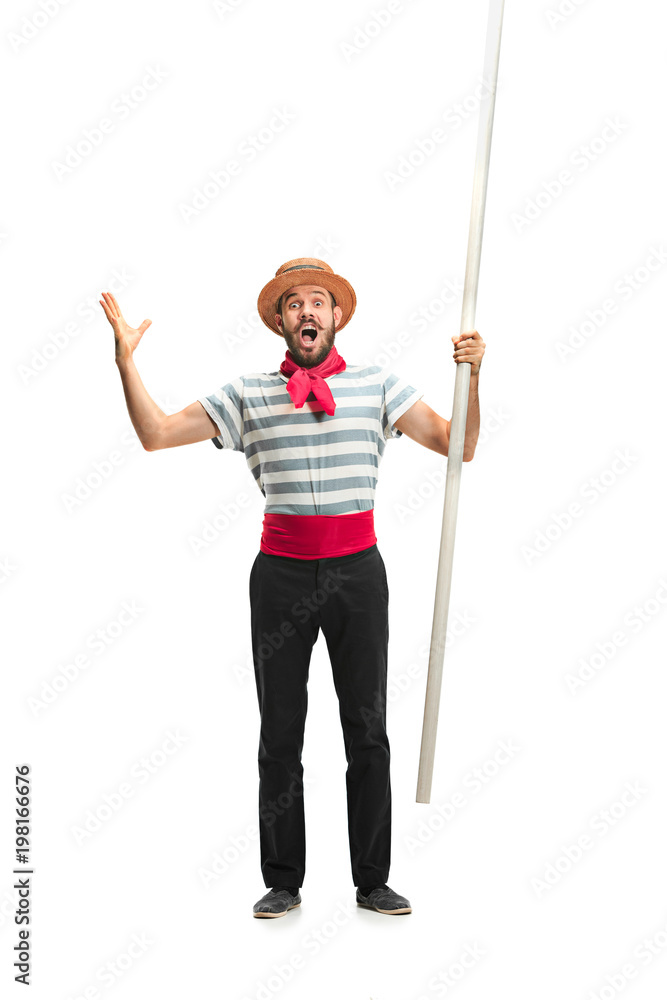 Caucasian man in traditional gondolier costume and hat - obrazy, fototapety, plakaty 