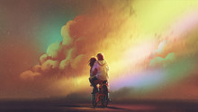 Couple In Love Riding On Bicycle Against Night Sky With Colorful Clouds, Digital Art Style, Illustration Painting